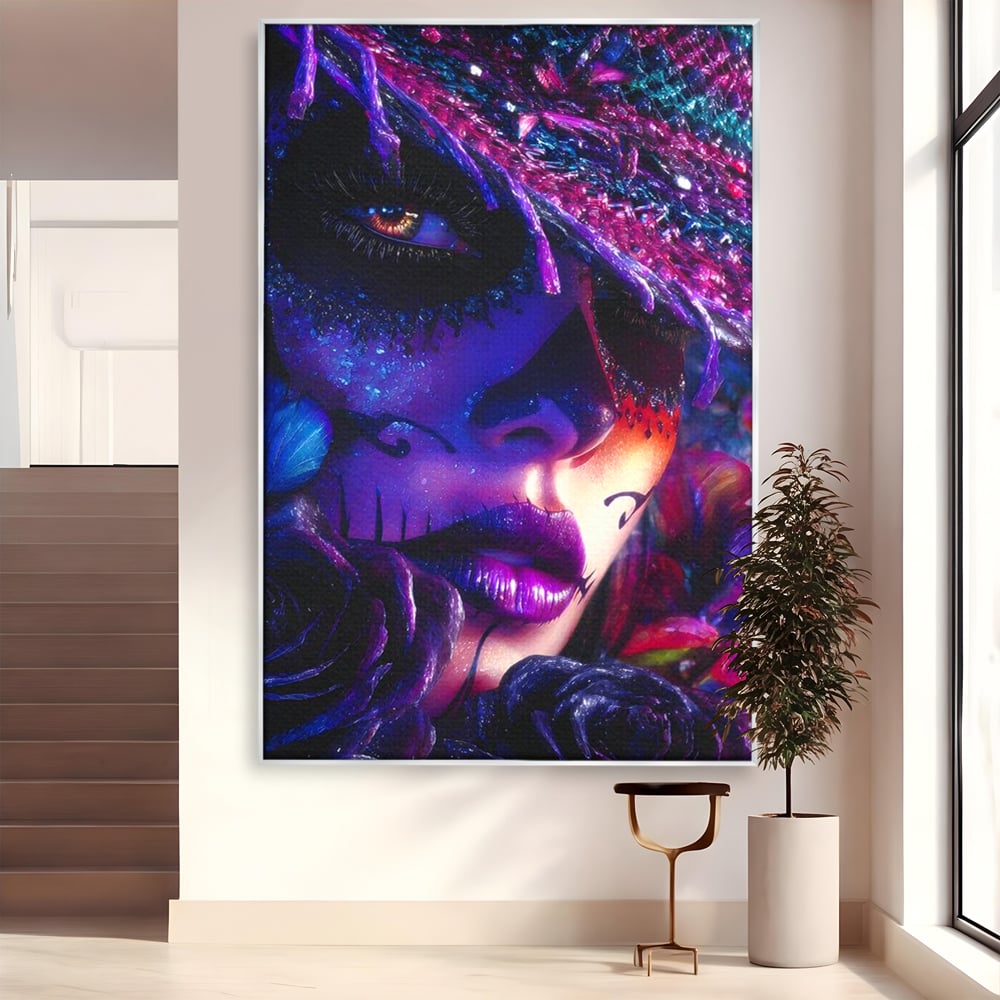 Tablou canvas cu tablou canvas cu portret feminin mov, in rama de aluminiu argintiu